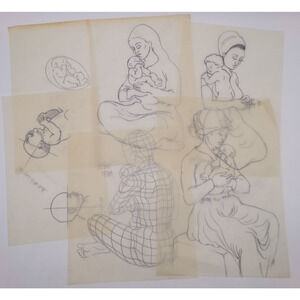 Vintage Original Art Mother and Baby and Various Scene on tracing paper